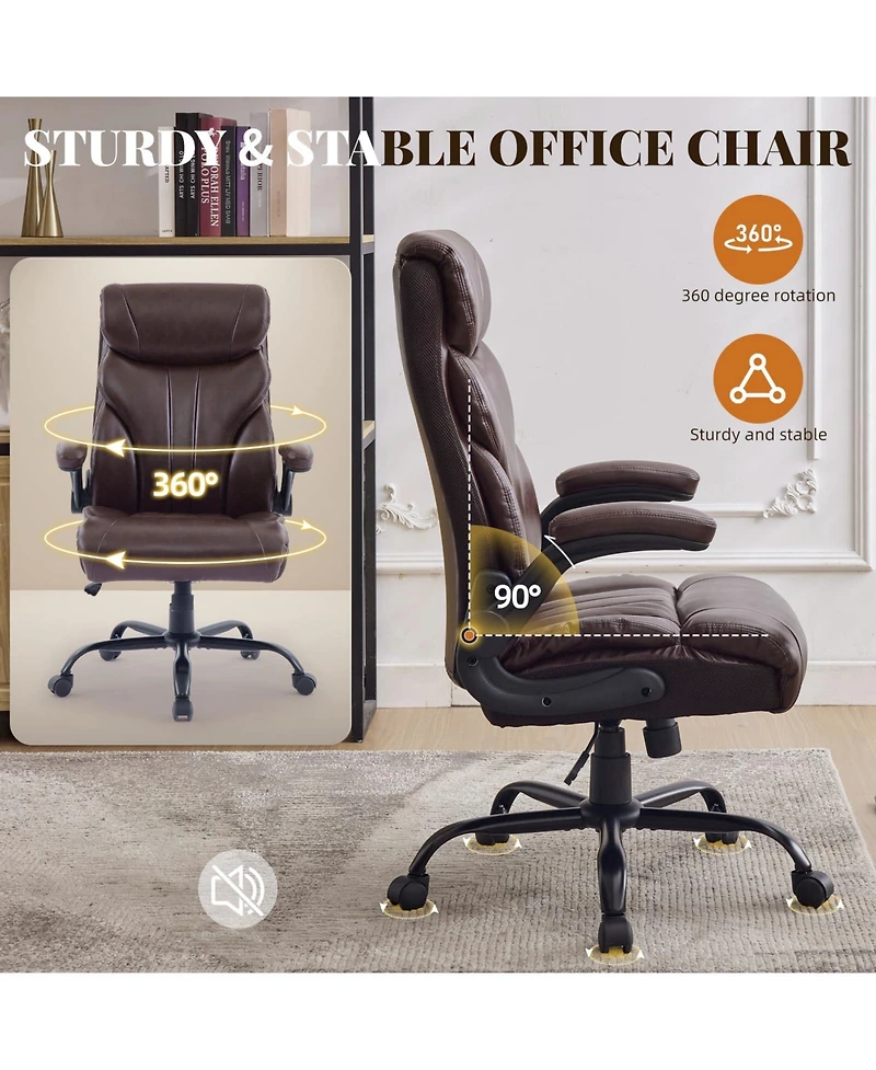 Big and Tall Ergonomic Executive Desk Office Chair, Pu Leather, 90-155 degrees Recline, Lumbar Support, Flip-up Armrests, Swivel Chair with Wheels
