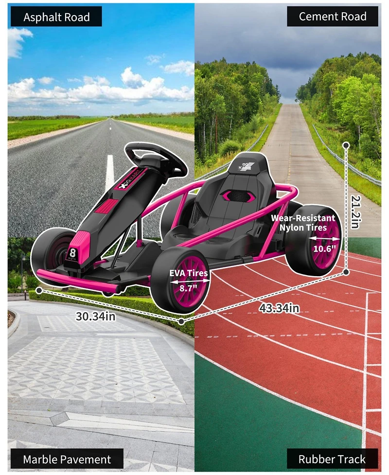 43 Inch 24V Kids Ride On Drift Go Kart, Electric Drift Racing Kart with 10 mph and Music, Brown/Rose Red/Green/Blue/Red/White, Ages 8-12