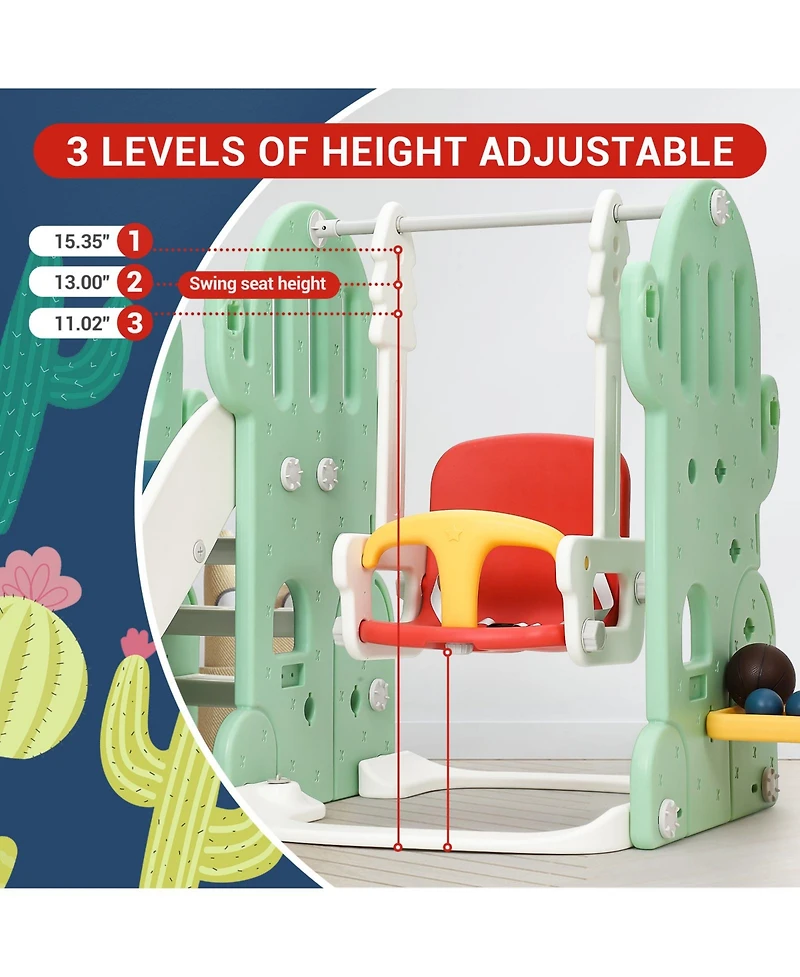5-in-1 Kids Slide and Swing Set with Sports Games, Outdoor Cactus Playground with Basketball Soccer Golf for Backyard Fun, Green, Ages 3-8
