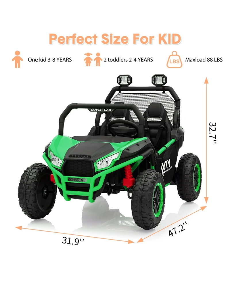 24V Dual Seat Kids Ride On Utv Utility Vehicle, 4WD Battery Powered Off Road Car with Metal Frame for Outdoor Fun, Green, Ages 3-6
