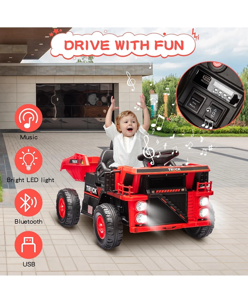 32.3x21.5x13.7 Inch 12V Kids Electric Mining Dump Truck Ride On, Construction Vehicle Toy with Sounds, Outdoor Toy for Boys Girls, Red, Ages 3-6