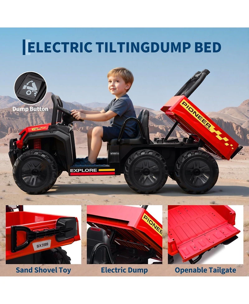 24V 4WD Two-Seater Kids Ride-On Dump Truck, Remote Control, Functional Dump Bed, 3 Speeds, Music Player, All-Terrain Electric Toy