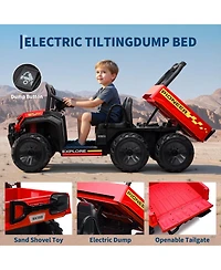 24V 4WD Two-Seater Kids Ride-On Dump Truck, Remote Control, Functional Dump Bed, 3 Speeds, Music Player, All-Terrain Electric Toy