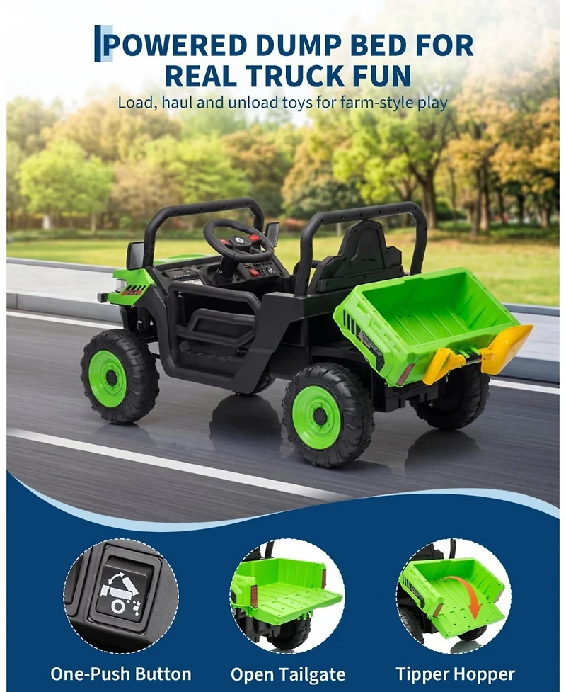 12V Electric Ride-On Dump Truck for Young Users, Parental Remote Control, Single-Seat Construction Toy, Shock Absorbers, Lockable Doors, Headlights