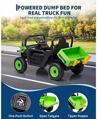 12V Electric Ride-On Dump Truck for Young Users, Parental Remote Control, Single-Seat Construction Toy, Shock Absorbers, Lockable Doors, Headlights