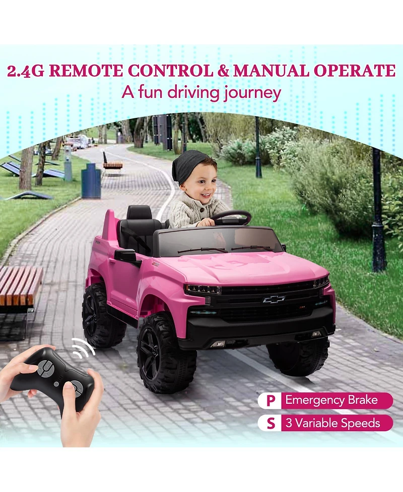 2 Seater Ride On Truck, Licensed Chevrolet Silverado, 3-Speed Electric Car with Remote Control, Spring Suspension, MP3 Music, Led Light for Kids 3-8