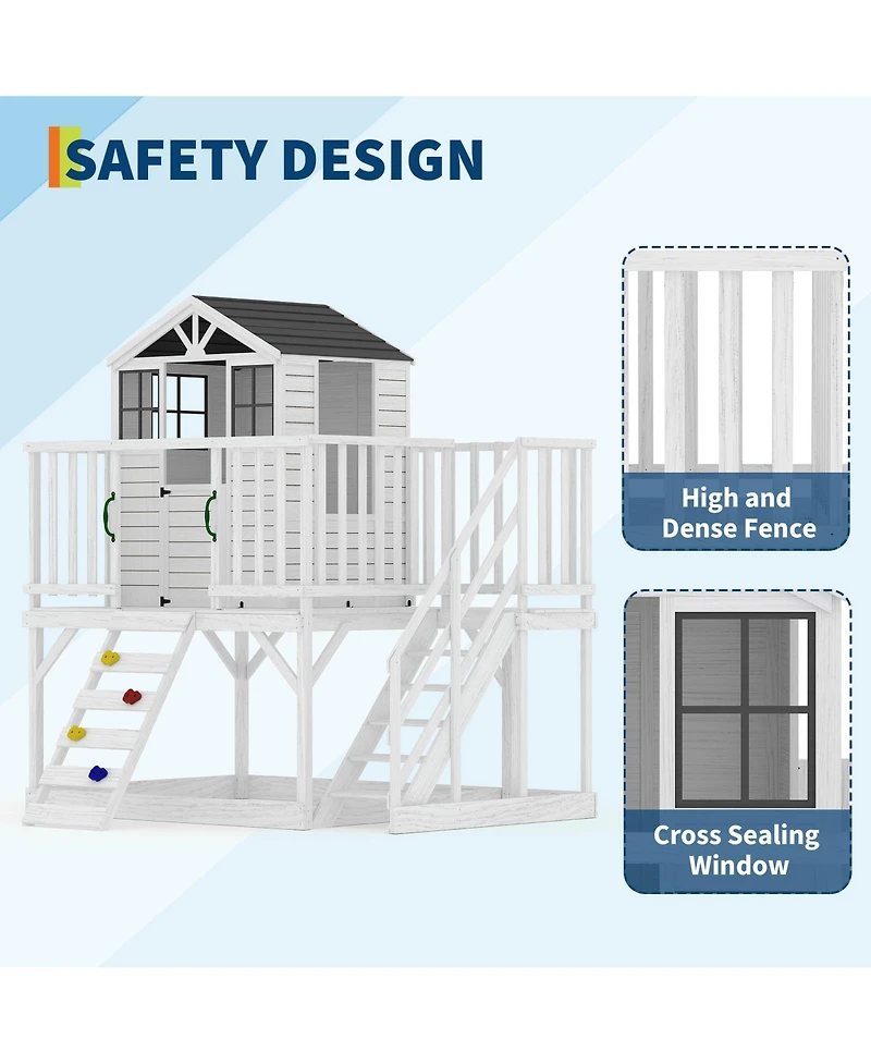Kids Wooden Play Castle with Climbing Wall and Slide, Outdoor Backyard Sandbox Playset with Stairs for Fun Play, White, Ages 3-8