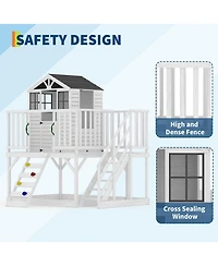 Kids Wooden Play Castle with Climbing Wall and Slide, Outdoor Backyard Sandbox Playset with Stairs for Fun Play, White, Ages 3-8