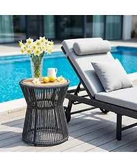 16" Round Woven Rope Outdoor Side Table, Gray Rope with Wood Top,Grey