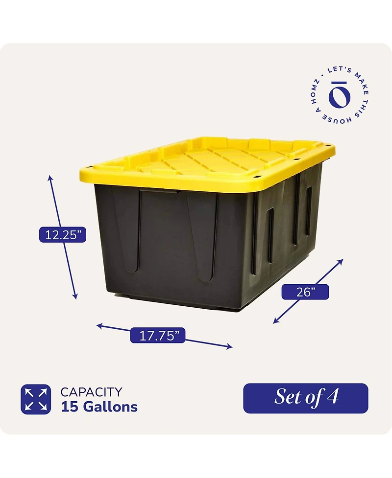 Homz 15 Gallon Durabilt Storage Container with Snap Lid, Black/Yellow (4 Pack)