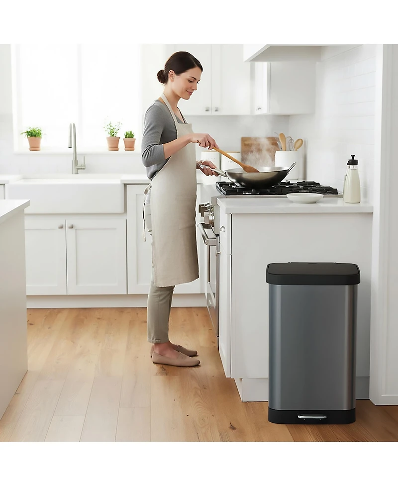 Glad Step Trash Can, Soft Close Lid Bin with Odor Protection, 13 Gallon, Pewter
