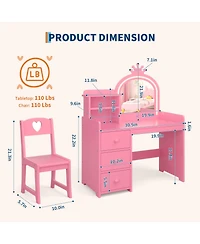 Girls Kids Vanity Desk with Mirror and Lights, Wooden Makeup Vanity Set with Chair, Storage Shelves and Drawers, Princess Dressing Table for Bedroom