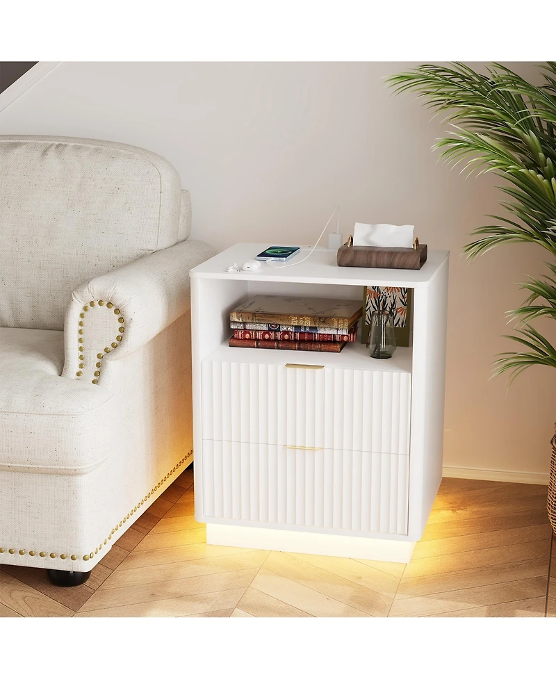 Set of 2 Mid-Century Fluted Nightstands with Charging and Led, 2 Drawers