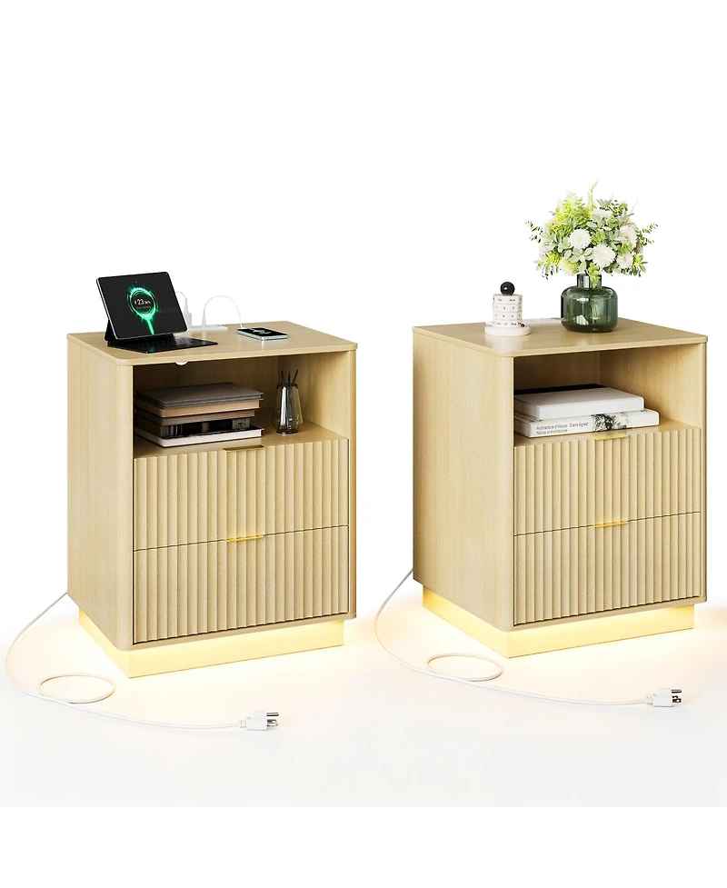 Set of 2 Wood Color Mid-Century Fluted Nightstands with Charging and Led, 2 Drawers, 20"W x 15.7"D x 24"H