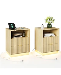 Set of 2 Wood Color Mid-Century Fluted Nightstands with Charging and Led, 2 Drawers, 20"W x 15.7"D x 24"H
