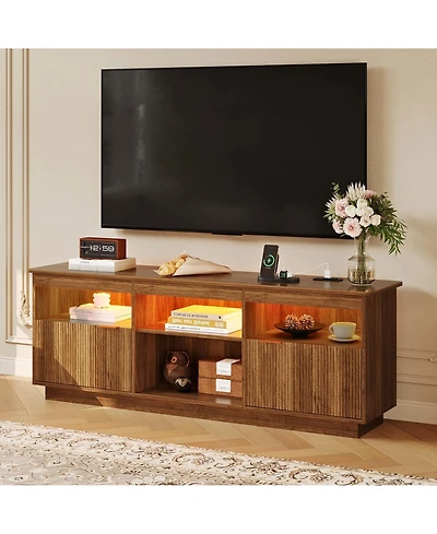 70"Mid Century Modern Fluted Tv Stand with Storage, for TVs Up to 80", Power Outlet, Led Light, Wood Media Console for Living Room
