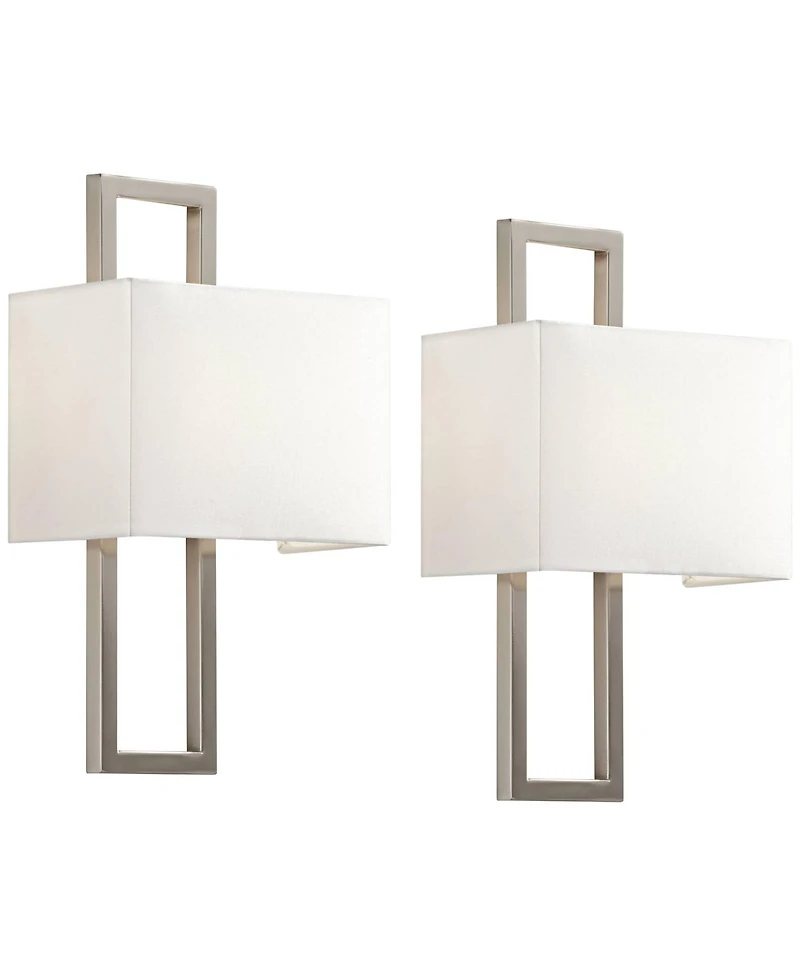 Possini Euro Design Modern Wall Light Sconces Set of 2 Brushed Nickel Hardwired 9 1/2" Fixture Silvery Faux Silk Shade for Bedroom
