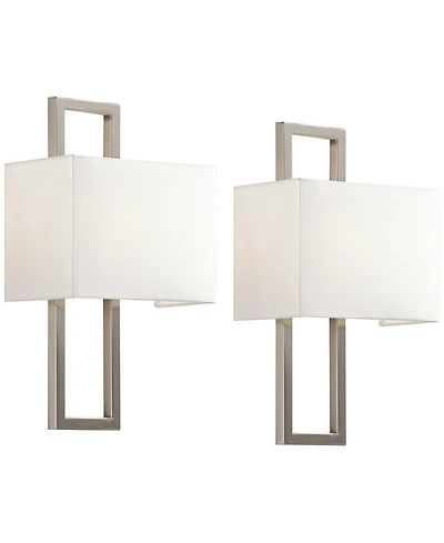 Possini Euro Design Modern Wall Light Sconces Set of 2 Brushed Nickel Hardwired 9 1/2" Fixture Silvery Faux Silk Shade for Bedroom