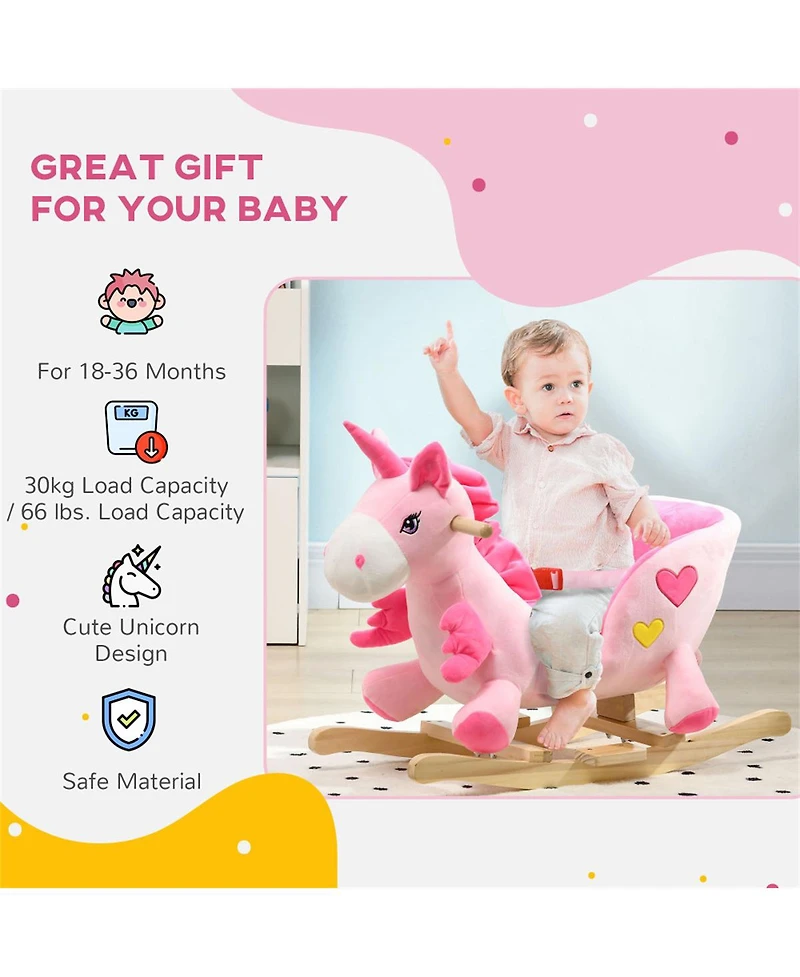 Yobtop Baby Rocking Horse, Ride on Unicorn with 32 Songs, Toddler Rocker Toy with Wooden Base Seat Safety Belt