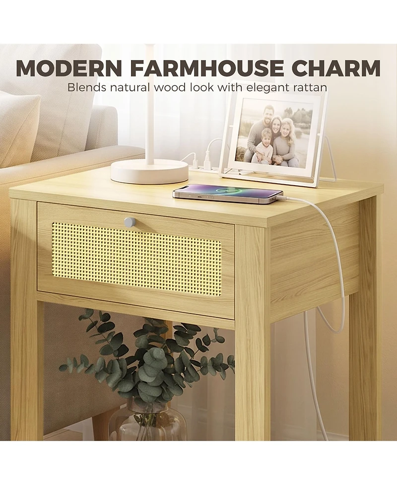 Homcom End Table Set of 2 with Charging Station, Bed Side Tables, Natural