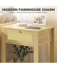 Homcom End Table Set of 2 with Charging Station, Bed Side Tables, Natural