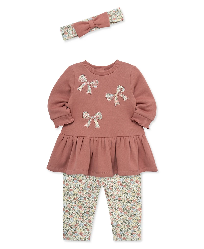Little Me Baby Girls' Embroidered Bow Sweatshirt Dress, Floral Print Pants and Headband, 3-Piece Set