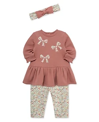 Little Me Baby Girls' Embroidered Bow Sweatshirt Dress, Floral Print Pants and Headband, 3-Piece Set