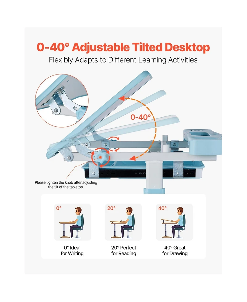 Sugift Adjustable Height Kids Study Desk and Chair Set with Table Lamp and 0-40degree(s) Tilted Desktop