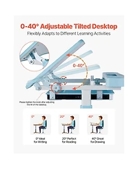 Sugift Adjustable Height Kids Study Desk and Chair Set with Table Lamp and 0-40degree(s) Tilted Desktop