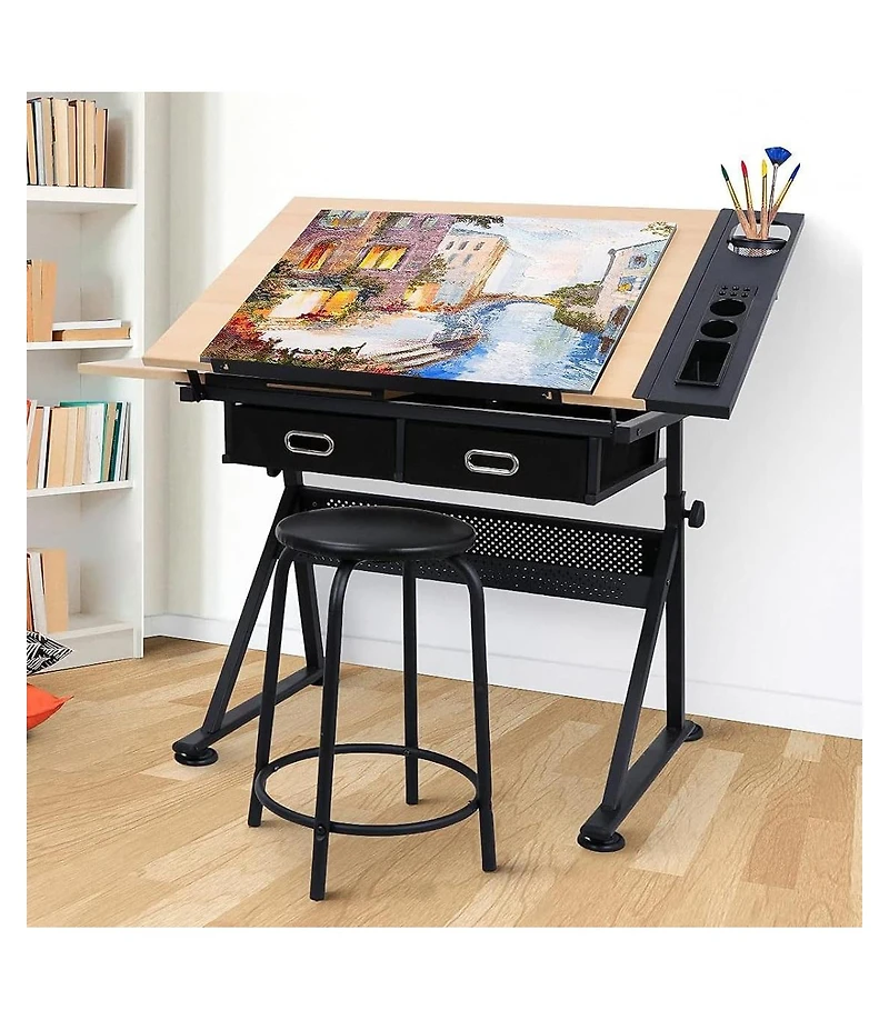 gaomon Professional Height Adjustable Drafting Table with Stool, Tilting Artist Drawing Desk with 2 Drawers, 0-75degree(s) Angle Art Workstation
