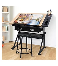 gaomon Professional Height Adjustable Drafting Table with Stool, Tilting Artist Drawing Desk with 2 Drawers, 0-75degree(s) Angle Art Workstation