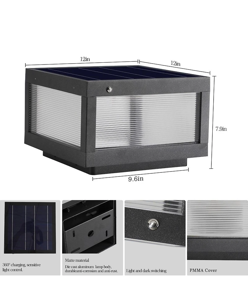 Asagikoiai 12" Square Solar Powered Outdoor Post Cap Light, Aluminum Fence Led Pier Lamp