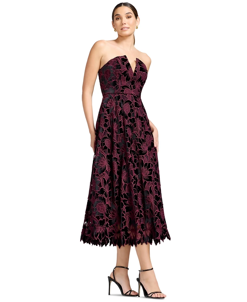 Dress the Population Women's Strapless Floral Fit & Flare Midi