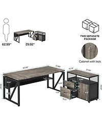 Tribesigns 63" L-Shaped Desk with Reversible File Cabinet, Oak