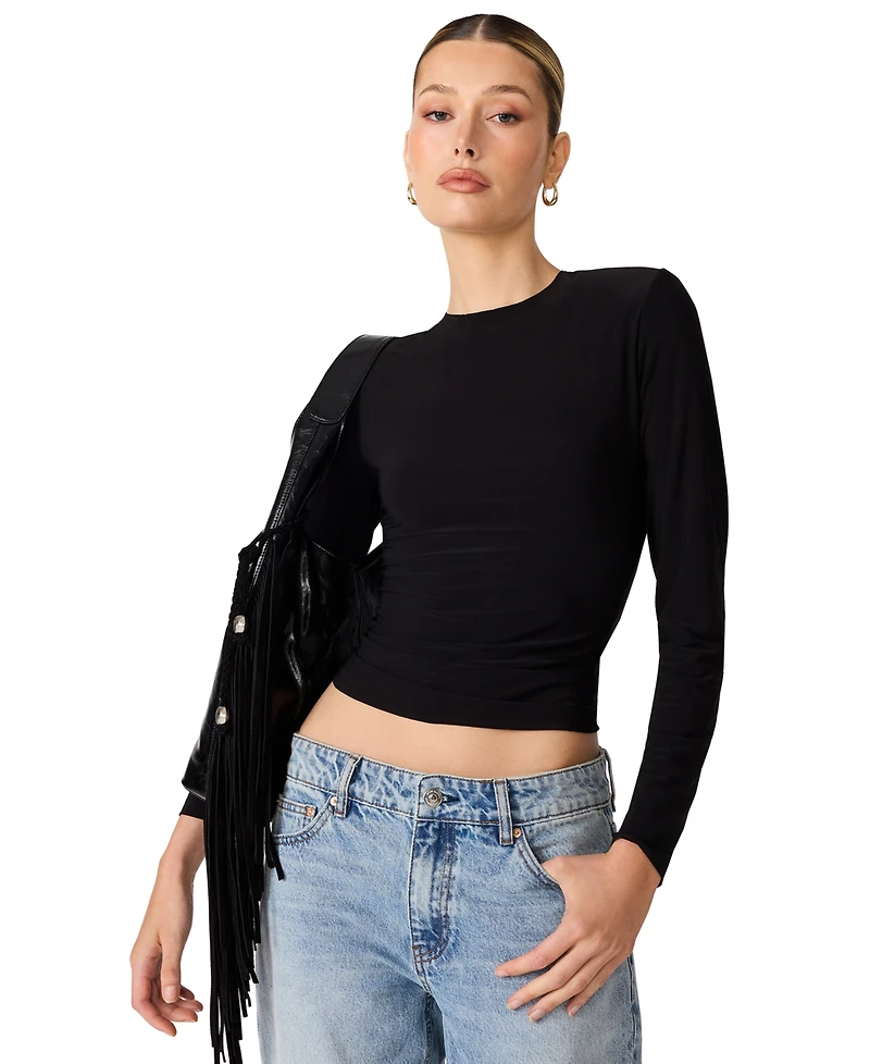 Steve Madden Women's Seline Long-Sleeve Padded Shoulder Crewneck Top