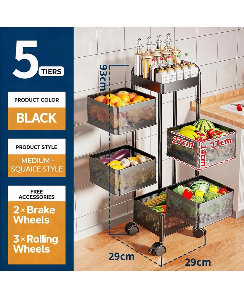 gaomon 5-Tier Thickened Carbon Steel Rotating Kitchen Storage Cart with Wheels, Mobile Utility Rack with Top Lid, Fruit Vegetable Basket, No Assembly