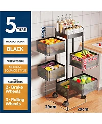 gaomon 5-Tier Thickened Carbon Steel Rotating Kitchen Storage Cart with Wheels, Mobile Utility Rack with Top Lid, Fruit Vegetable Basket, No Assembly