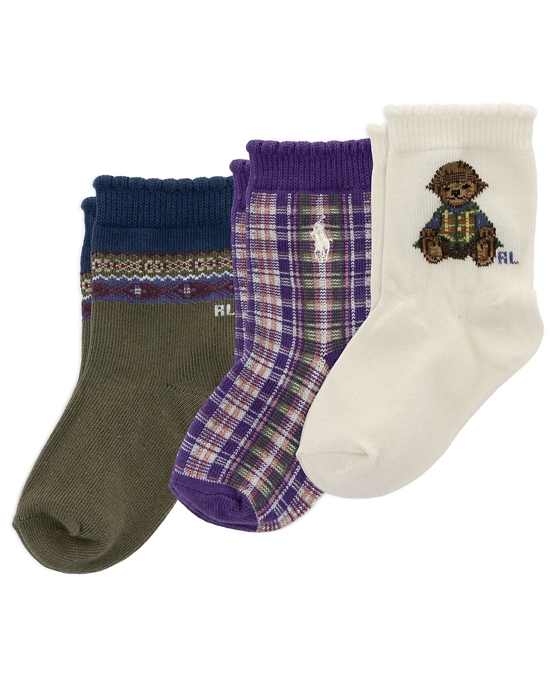 Polo Ralph Lauren Baby Girls' Polo Bear Plaid Fair Isle Crew Socks, 3-Pack