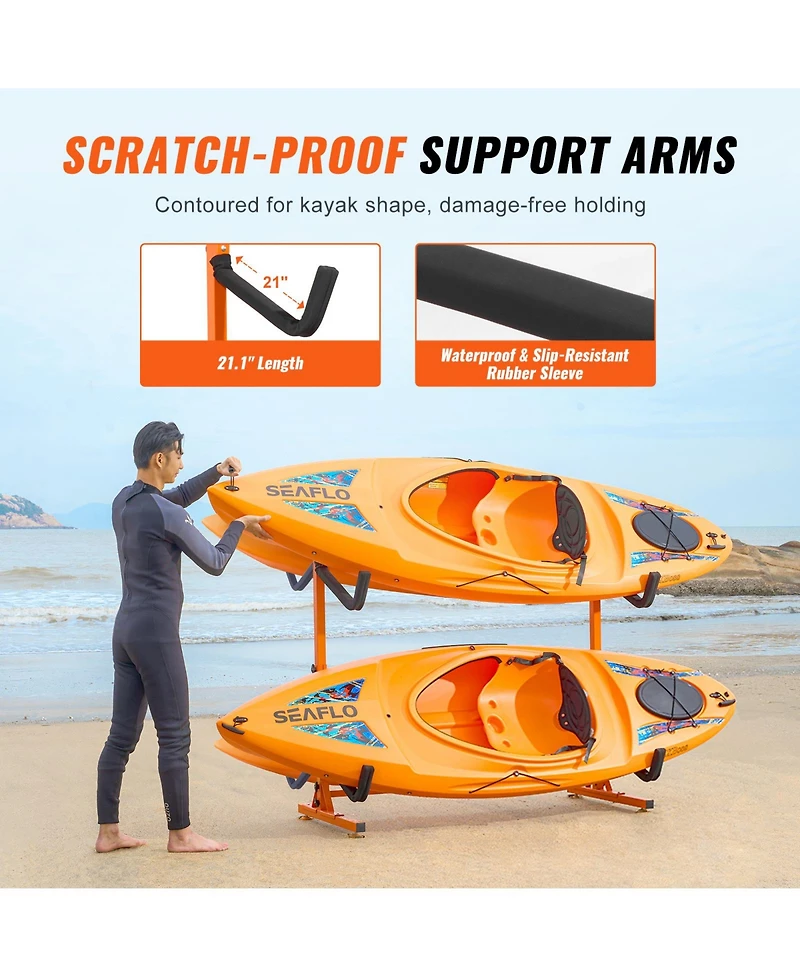 Sevorley Freestanding Kayak Storage Rack, Steel 4-Kayak Stand with Padded Adjustable Arms, 220 lb Capacity