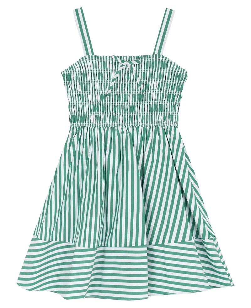 Rare Editions Girls' 7-16 Striped Cotton Smocked Bodice To Shirred Dress