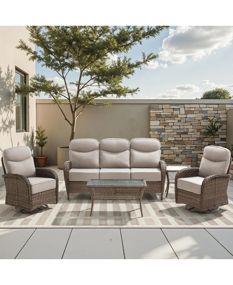 Bellefurn 5-Piece Outdoor Garden Wicker Crescent High Backrest Conversation Set with Coffee Table and 6" Cushion