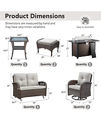 Bellefurn 7-Piece Outdoor Wicker Fire Pit Conversation Set for Cozy Stargazing Nights with Glider Loveseat, Swivel Rocking Chairs and Ottomans