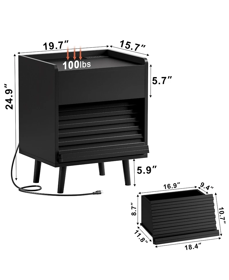 Hausource Modern 2-Drawer Nightstand with Rgb Led Lights and Built-In Charging Power Station