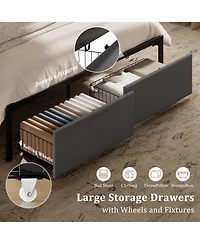 Hausource Upholstered Bed, Open Storage Headboard with Charging Ports, 2 Bed Base Drawers, No Box Spring Needed
