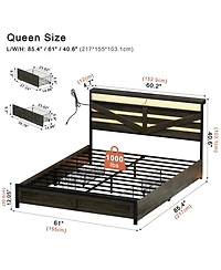 Hausource Queen Farmhouse Storage Platform Bed, Barn Door Headboard with Led and Charging Station, 4 Rolling Drawers, No Box Spring Needed