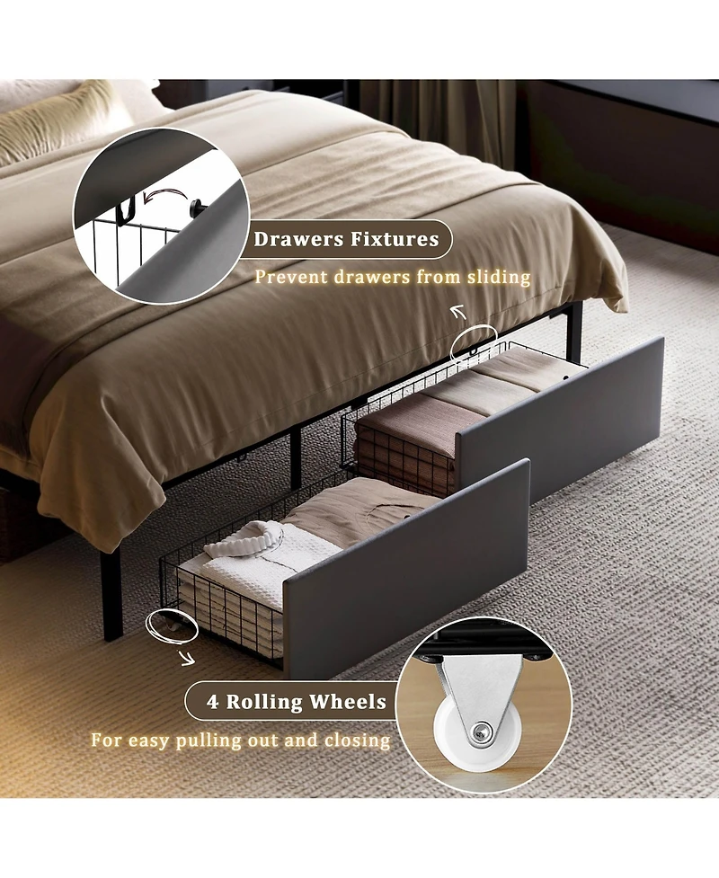 Hausource Velvet Upholstered Bed, Adjustable Height Headboard, 2 Storage Drawers, Led Light and Charging Ports