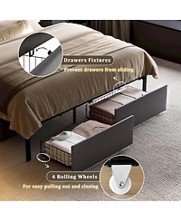 Hausource Velvet Upholstered Bed, Adjustable Height Headboard, 2 Storage Drawers, Led Light and Charging Ports