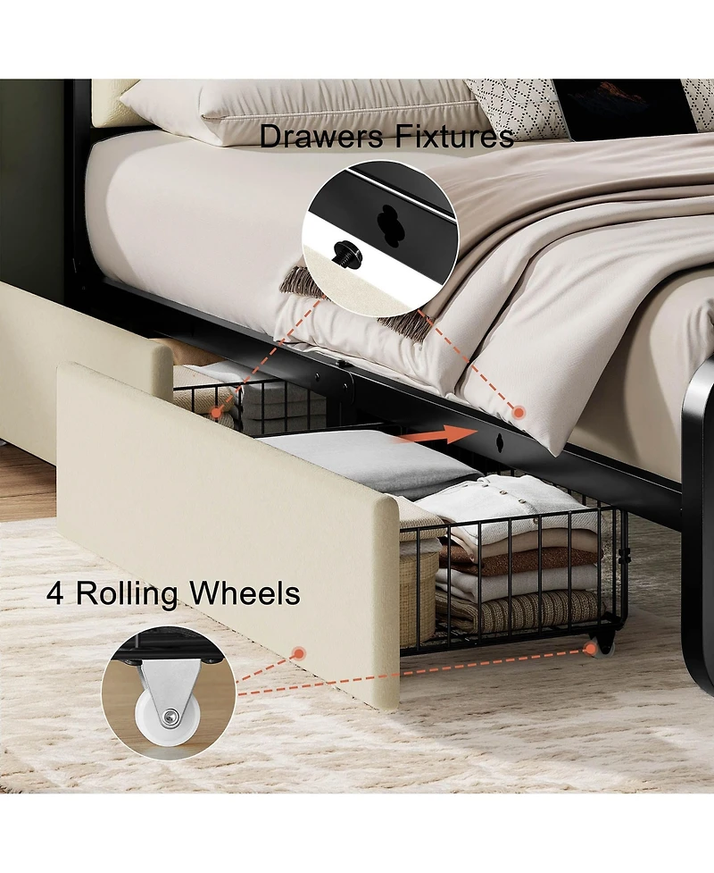 Hausource Curved Tufted Velvet Platform Bed, 4-Way Placeable Underbed Drawers, Bedside Charging Station