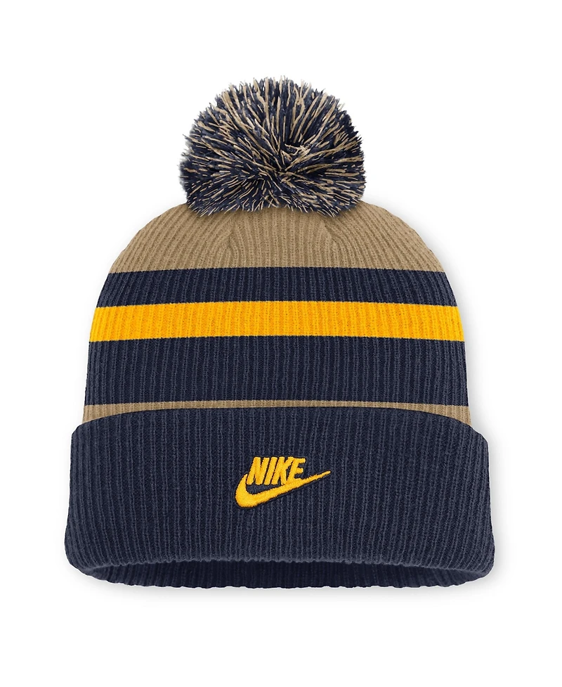 Men's and Women's Nike Navy/Beige West Virginia Mountaineers Legacy Striped Cuffed Knit Hat with Pom