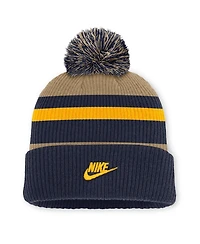 Men's and Women's Nike Navy/Beige West Virginia Mountaineers Legacy Striped Cuffed Knit Hat with Pom
